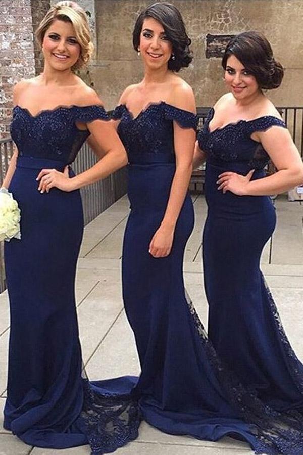 Mermaid Off-the-Shoulder Sweep Train Navy Blue Bridesmaid/Prom Dress PG406