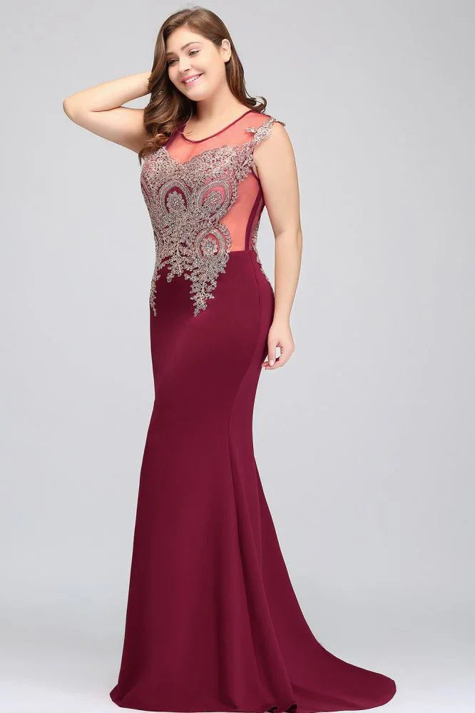 Mermaid Scoop Floor Length Plus size Sleeveless Appliques Burgundy Evening Dresses
