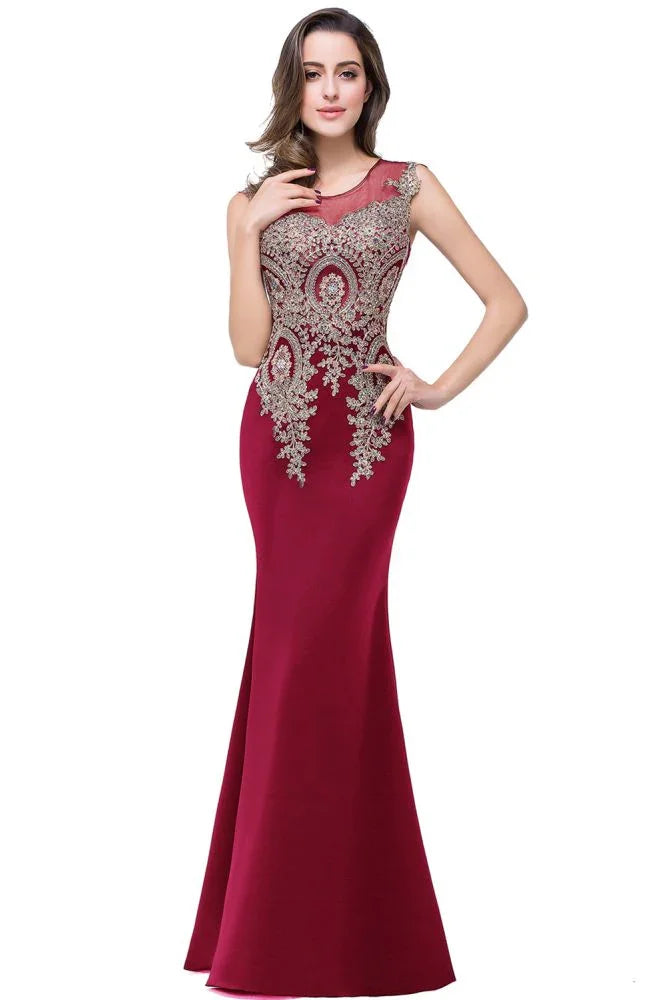 Mermaid Scoop Floor Length Plus size Sleeveless Appliques Burgundy Evening Dresses