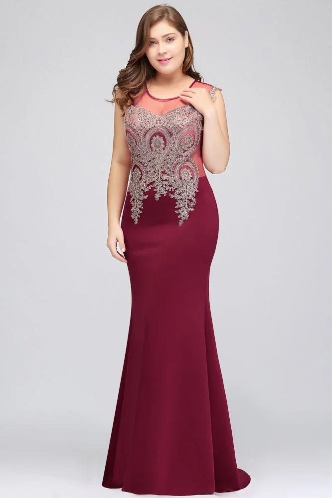 Mermaid Scoop Floor Length Plus size Sleeveless Appliques Burgundy Evening Dresses