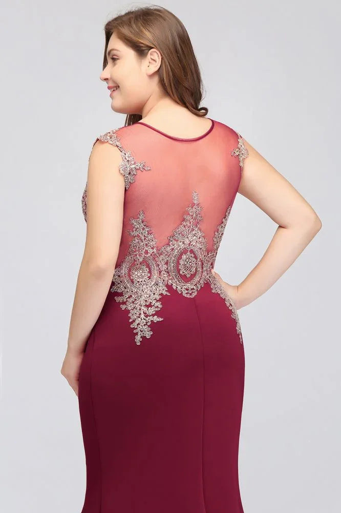 Mermaid Scoop Floor Length Plus size Sleeveless Appliques Burgundy Evening Dresses