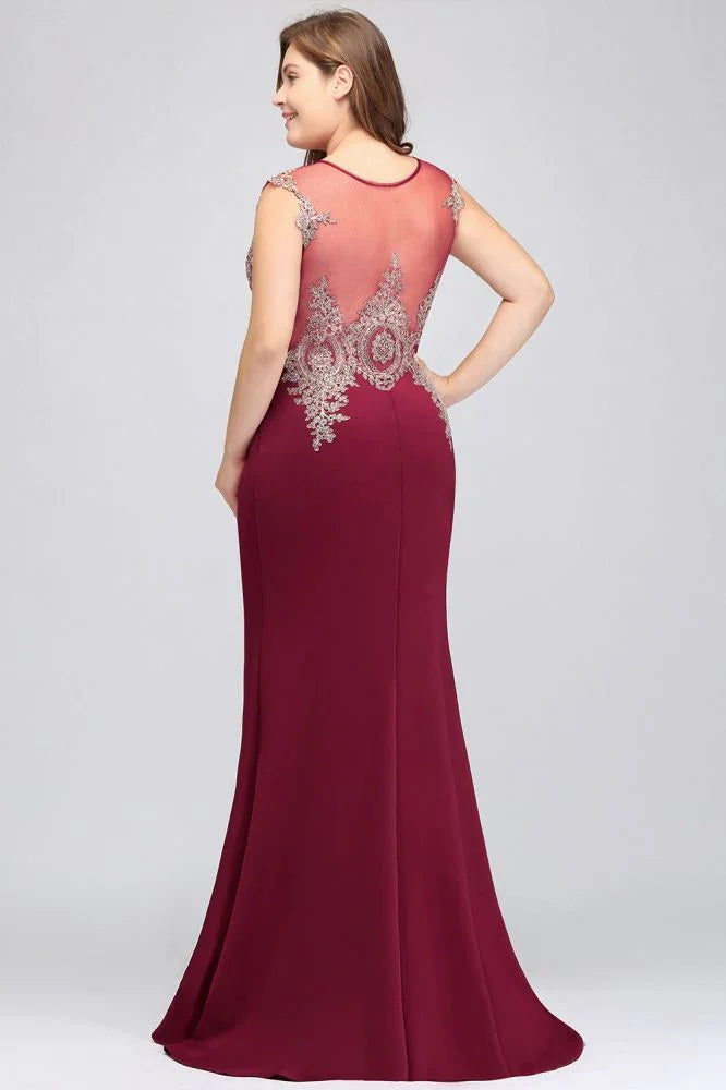 Mermaid Scoop Floor Length Plus size Sleeveless Appliques Burgundy Evening Dresses