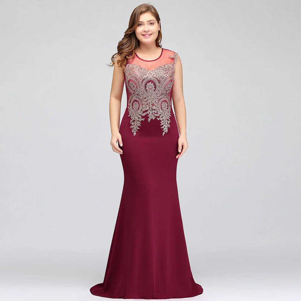 Mermaid Scoop Floor Length Plus size Sleeveless Appliques Burgundy Evening Dresses
