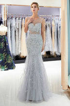 Robe de soirée en tulle à paillettes carrées, col illusion sans manches, style sirène