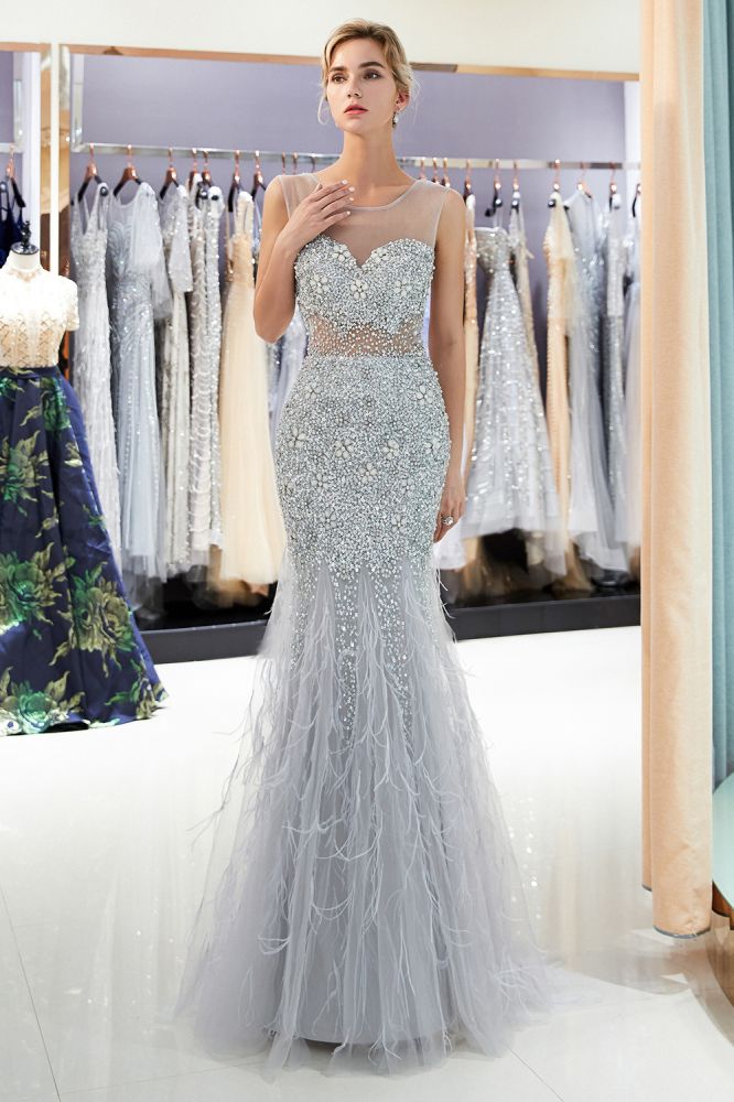 Robe de soirée en tulle à paillettes carrées, col illusion sans manches, style sirène