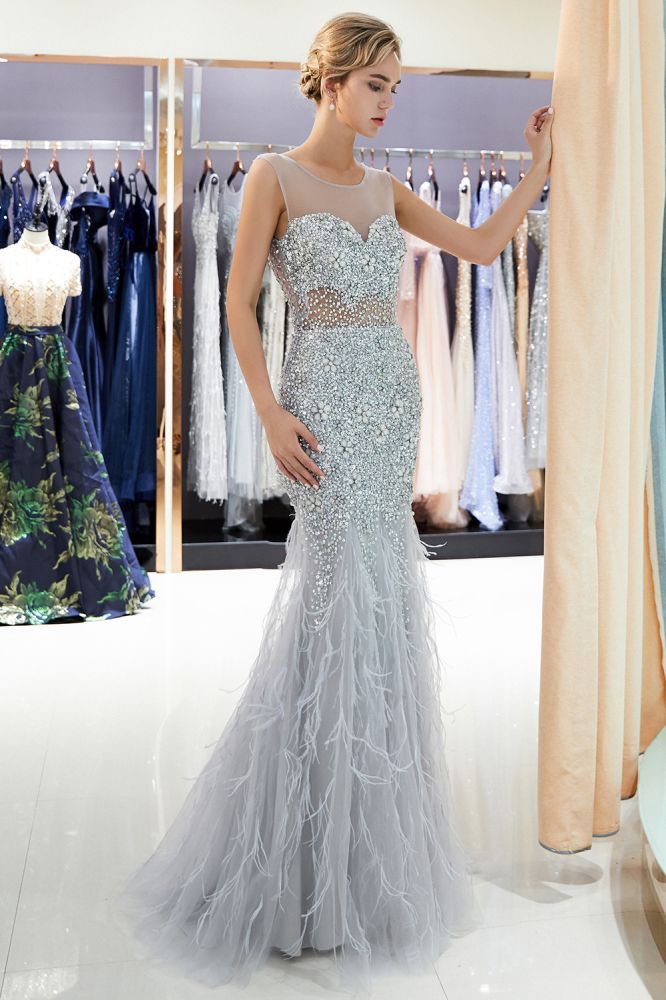Robe de soirée en tulle à paillettes carrées, col illusion sans manches, style sirène