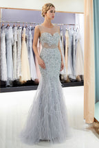 Robe de soirée en tulle à paillettes carrées, col illusion sans manches, style sirène