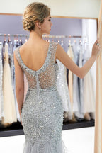 Robe de soirée en tulle à paillettes carrées, col illusion sans manches, style sirène