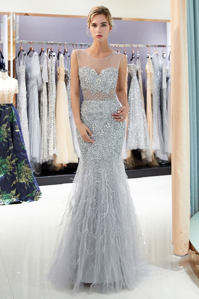 Robe de soirée en tulle à paillettes carrées, col illusion sans manches, style sirène