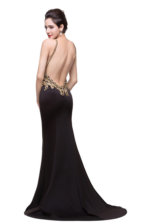 Abito formale nero a sirena con spalline sottili, lunghezza fiore, decorato con perline