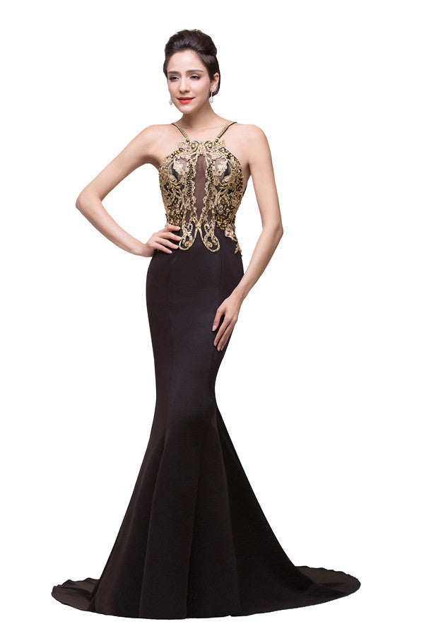 Abito formale nero a sirena con spalline sottili, lunghezza fiore, decorato con perline