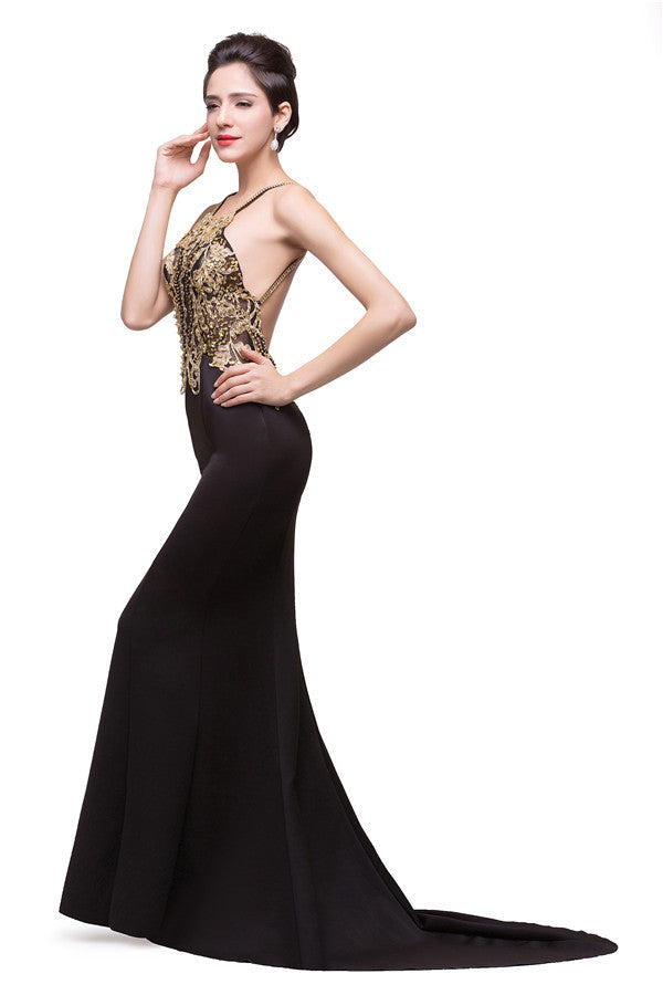 Abito formale nero a sirena con spalline sottili, lunghezza fiore, decorato con perline