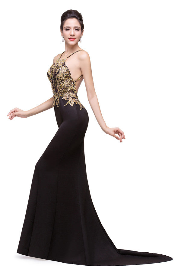 Abito formale nero a sirena con spalline sottili, lunghezza fiore, decorato con perline