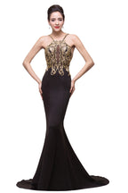 Abito formale nero a sirena con spalline sottili, lunghezza fiore, decorato con perline