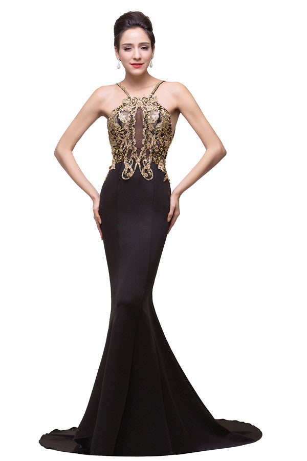 Abito formale nero a sirena con spalline sottili, lunghezza fiore, decorato con perline