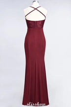 Meerjungfrau-Spandex-Spitzenkleid mit Spaghettiträgern, ärmellos, bodenlang, Brautjungfernkleid