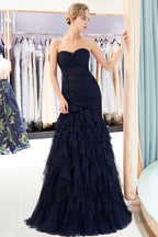 Robe de soirée longue en tulle drapé, bustier cœur sirène sans bretelles