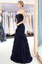 Robe de soirée longue en tulle drapé, bustier cœur sirène sans bretelles