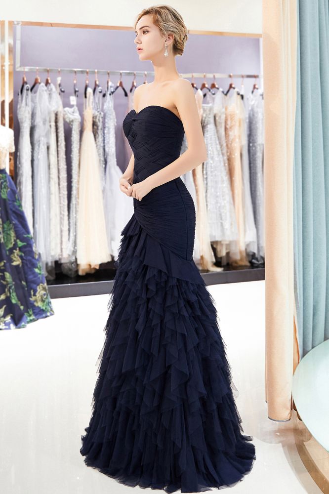 Robe de soirée longue en tulle drapé, bustier cœur sirène sans bretelles