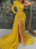 Vestido de Noite Sereia com Corpete, Formal, Cauda de Corte, Manga Comprida, Um Ombro, Lantejoulas com Pena, Fenda com Lantejoulas
