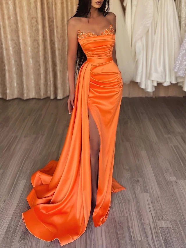 Meerjungfrau Abendkleid Sexy Kleid Ballkleid Hofschleppe Ärmellos Trägerlos Satin mit Schlitz Reine Farbe