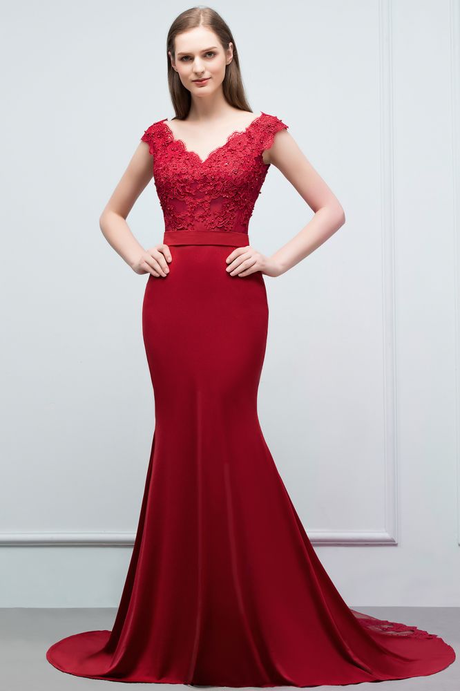 Vestidos de baile compridos até ao chão com decote em V, apliques de sereia, contas e faixa
