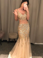 Robes de bal longues sirène à col en V, dos nu, en tulle perlées, robes de soirée formelles