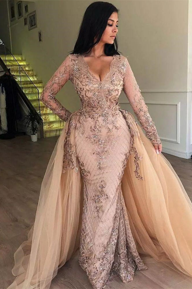 Vestidos de baile com decote em V de sereia, mangas compridas e aplicação, com saia destacável
