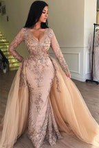 Vestidos de baile com decote em V de sereia, mangas compridas e aplicação, com saia destacável