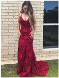 Robe de bal longue bordeaux en dentelle avec décolleté en V et dos ouvert sirène