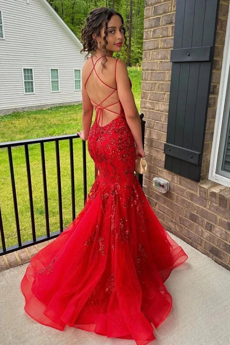 Zadie | Vestidos largos de gala con escote en V, lentejuelas, encaje y apliques estilo sirena