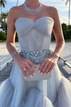 Mika | Strapless A-Line Tulle Long Prom Dress With Beading