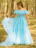 Mikelle | Robe longue formelle à corset et épaules dénudées, coupe en ligne A avec volants