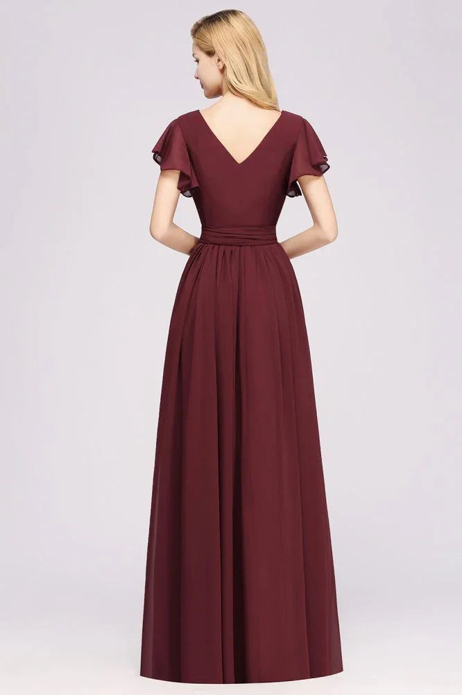Vestidos elegantes de dama de honor en línea A con escote en V, manga corta, fajín con lazo y vestido de noche largo de gasa