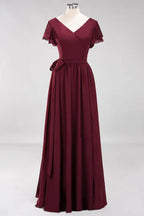 Vestidos elegantes de dama de honor en línea A con escote en V, manga corta, fajín con lazo y vestido de noche largo de gasa