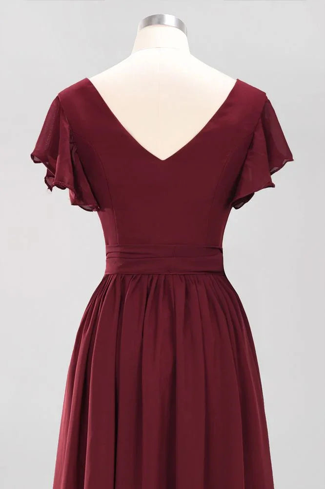 Vestidos elegantes de dama de honor en línea A con escote en V, manga corta, fajín con lazo y vestido de noche largo de gasa