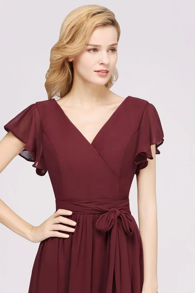 Vestidos elegantes de dama de honor en línea A con escote en V, manga corta, fajín con lazo y vestido de noche largo de gasa