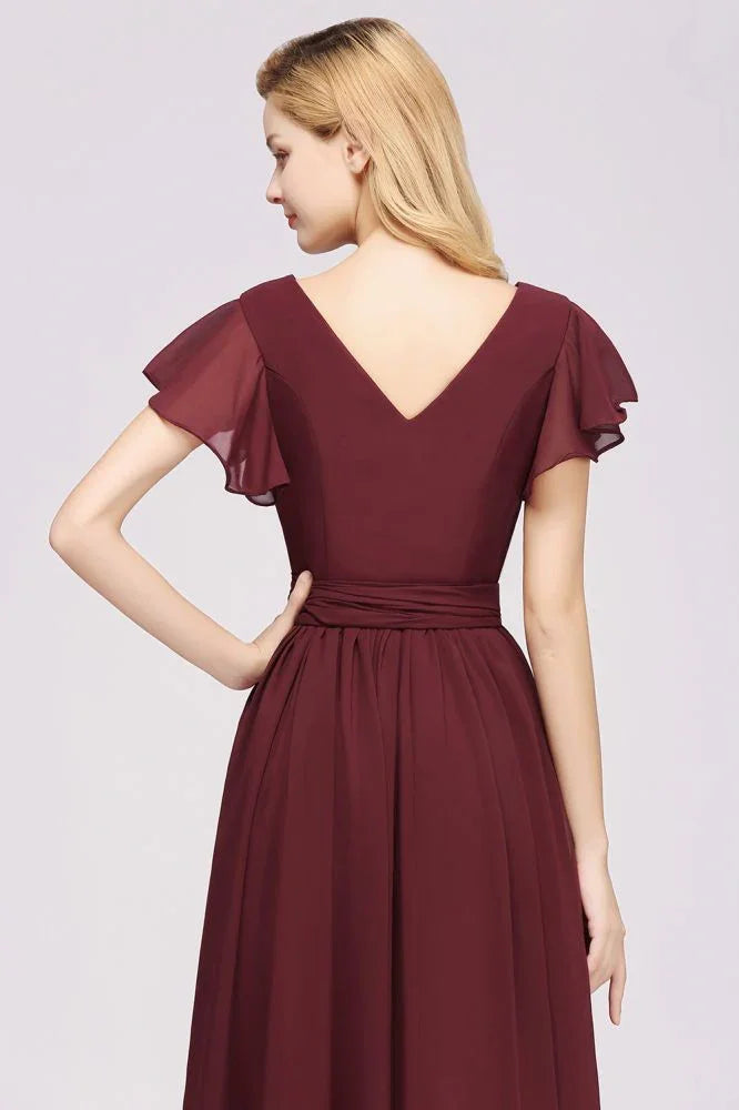 Vestidos elegantes de dama de honor en línea A con escote en V, manga corta, fajín con lazo y vestido de noche largo de gasa