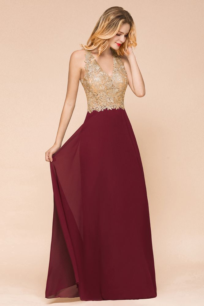 Robe de soirée longue en mousseline et dentelle avec appliques dorées pour femme MisShow