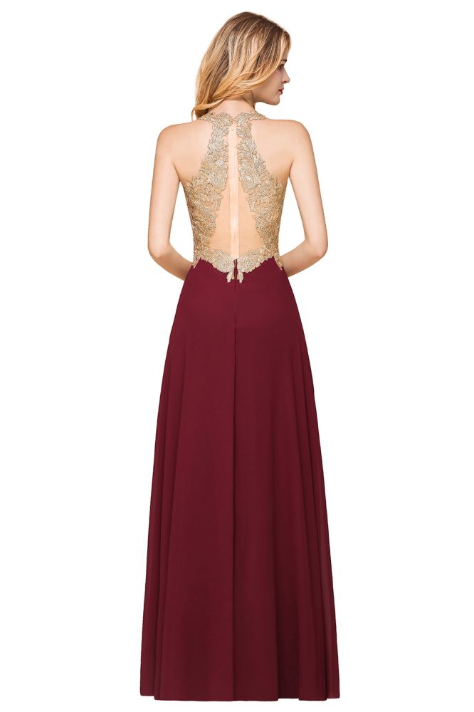 Robe de soirée longue en mousseline et dentelle avec appliques dorées pour femme MisShow