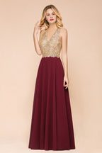 Robe de soirée longue en mousseline et dentelle avec appliques dorées pour femme MisShow