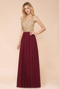 Robe de soirée longue en mousseline et dentelle avec appliques dorées pour femme MisShow