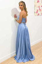 Periwinkle Two-Piece Strapless A-Line Long Prom Gown