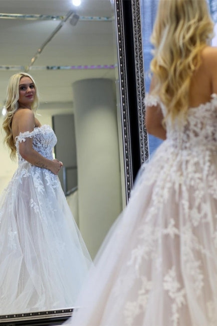 Modern A-line Off-the-shoulder Sleeveless Wedding Dresses With Lace