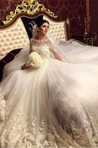 Robe de Mariée Élégante Moderne Époustouflante avec Longues Appliques et Manches Style Arabe