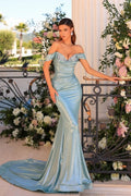 Robe de bal longue moderne bleue sirène sans manches à épaules dénudées avec paillettes
