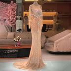Vestido de Baile Moderno Comprido Cauda de Sereia com Bordados e Mangas Compridas com Cauda
