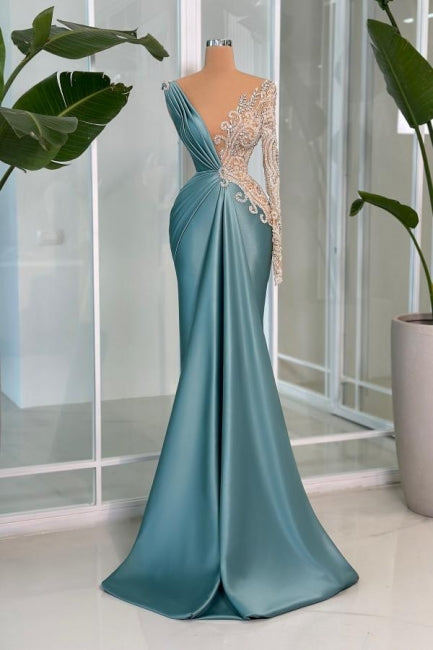 Vestido de Baile Moderno Comprido Cauda de Sereia com Decote em V, Renda, Brilhos e Cetim, Mangas Compridas