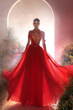 Robe de bal moderne longue rouge en mousseline à perles, coupe trapèze, décolletée épaules dénudées