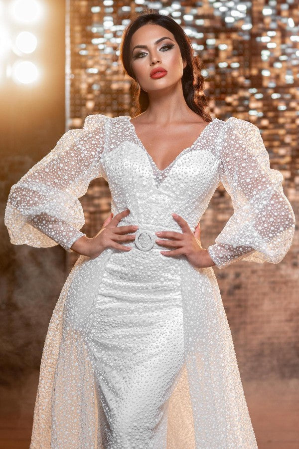 Vestidos de Noiva Modernos com Decote em V Longo e Brilho, com Mangas Compridas